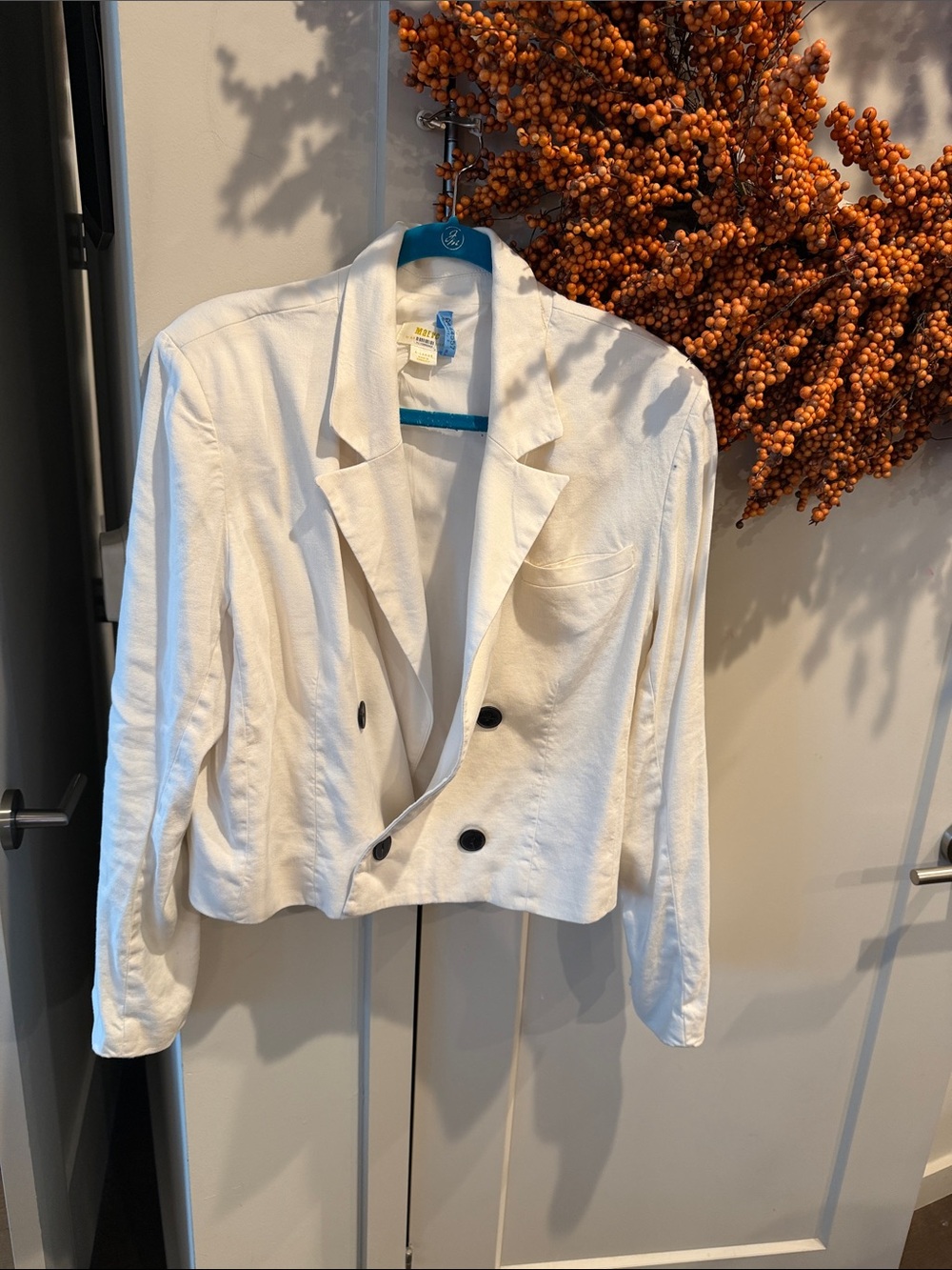 Maeve White Double-Breasted Cropped Blazer with Black Buttons